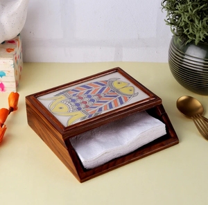 Porte-serviettes Madhubani peint à la main en bois de teck/boîte à mouchoirs porte-papier facial en bois pour salle de bain chambre bureau table à manger - Product Image 2