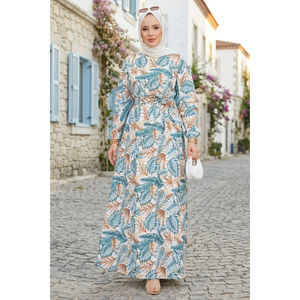 Vestido de Talla Grande con Estampado Floral Turquesa, Volantes, Forro Transpirable, Estilo Casual, Cintura Fruncida, Disponible en Tallas XS a XL - Product Image 1