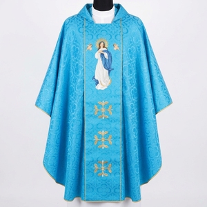 Casulla Litúrgica Religiosa Azul con Bordado de la Virgen María y Diseño de Cruz Dorada para Adultos, Vestimenta para la Adoración en la Iglesia - Product Image 1