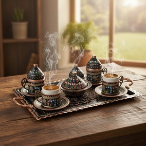 4-Person Rectangular <b>Cup</b> <b>Set</b> Oriental Design Style Copper Enamel Work From Erzincan - Product Image 1