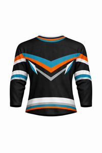 Jersey de Hockey sobre Hielo para Hombre, Negro, Naranja y Azul a Rayas, Manga Tres Cuartos, Cuello en V, Absorbe la Humedad, Sublimado - Product Image 3