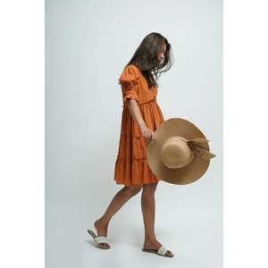 Robe d'été décontractée pour femmes, en coton orange, longueur au sol, style gothique streetwear, à motifs floraux paisley, col en V, à manches courtes et à volants - Product Image 2