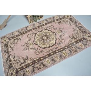 Alfombra turca vintage clásica rosa beige 4,1x6,7 pies hecha a mano de lana de retazos alfombra rectangular a rayas para sala de estar respaldo de látex - Product Image 2