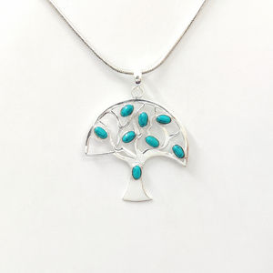 Pendentif Arbre de Vie en Argent Sterling 925 Délicat avec Pierre Précieuse Turquoise Bleue Classique – Cadeau d'Anniversaire pour Elle - Product Image 1