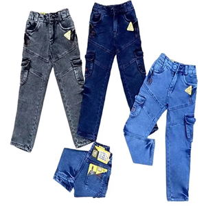 Haute vente garçons Style Jean enfants Cargo Style Denim salopette multi-poches pantalon lavé avec coupe régulière tissu tricoté - Product Image 2