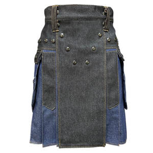 Kilt utilitaire en denim durable bicolore noir et marine 2026 pour hommes, poches cargo, boucle et fermeture à bouton - Product Image 1