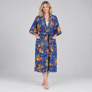 Women's Green Floral <b>Print</b> Full Length Robe Three Quarter Sleeve Casual Wear Drawstring Closure Cotton Block <b>Printed</b> - Product Image 1