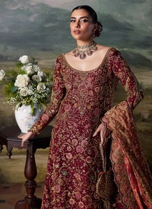 Ensemble de mariée brodé Lehenga Choli à manches longues, col festonné, longueur ras du sol, coupe trapèze, traîne brodée, perles et Zardozi pour mariage - Product Image 3