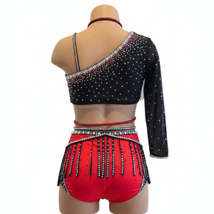 Traje de Baile con Pedrería Roja y Negra para Mujer, Asimétrico con Flecos, Brillante con Cristales, para Actuaciones de Samba Latina - Product Image 2