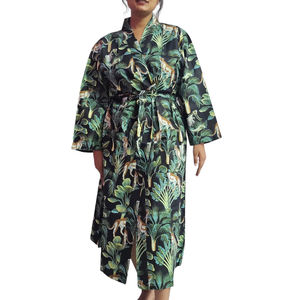 Indian Handblock Jungle Printed Cotton Bathrobe For Women with Belt, Size - 48 inch - Product Image 1
