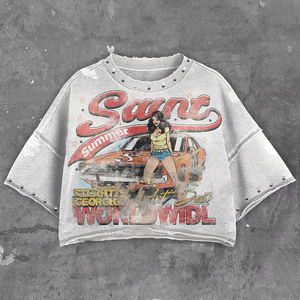 เสื้อยืดแขนสั้นลำลองสำหรับผู้ชายผู้หญิงเสื้อยืดพิมพ์ลายระบายก่อนซัก - Product Image 3