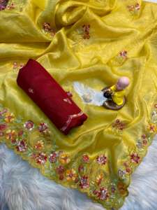 Premium Gold Crush Lace Saree hecho a mano Multi-Thread Lentejuelas Arco Cut Border Pallu Work para todas las ocasiones Étnicamente Bandana - Product Image 5