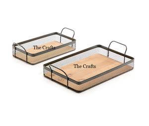 Ensemble de plateaux de service en fer et en bois de deux tailles différentes Vaisselle de service Plateau de nourriture de qualité exclusive - Product Image 1