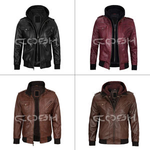 ผู้ผลิตแจ็คเก็ตบอมเบอร์หนังสีดำคุณภาพสูงสำหรับผู้ชายแบบมีฮู้ดถอดได้ พร้อมชายเสื้อและปลายแขนเสื้อแบบริบ - Product Image 3