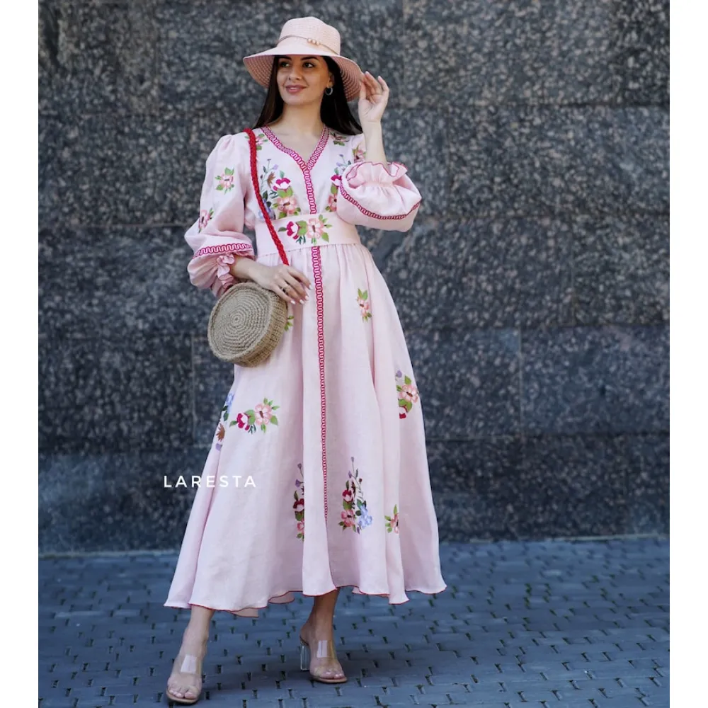 Vestido de verão bordado ucraniano, vestido de verão longo de linho rosa e branco de maiden, floral, para festa na praia, vestido havaiano