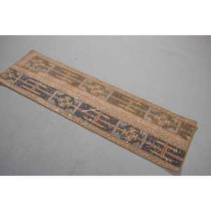 Turkish Vintage Small Rug 1.4x4.9 ft <b>Brown</b> Ikat <b>Wool</b> Patchwork Eco-Friendly Latex Backing Rug - Product Image 2