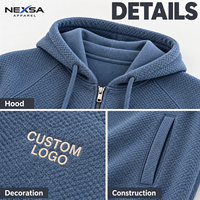 Sweat à capuche bleu texturé pour homme, design personnalisé, fermeture éclair intégrale, avec logo personnalisé, vente en gros pour streetwear décontracté