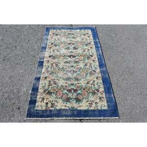 Classique bleu Beige 3.6 X 6.6ft tapis turc fait à la main rectangulaire Patchwork Design laine Polyester Latex pour chambre salon - Product Image 1