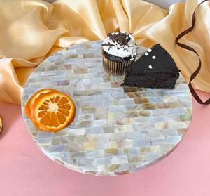 Elegant ARTISAN <b>CRAFT</b> Mother Pearl Cake Stand Handcrafted Eco-Friendly Dessert Stand Inlaid Shell Detailing Customizable Size - Product Image 1