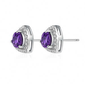 Boucles d'oreilles clous en argent sterling avec améthyste et halo de zircon cubique, bijoux pierre de naissance de février, pour enfants, plaqué or, sertissage à griffes, pour mariages et fêtes - Product Image 1