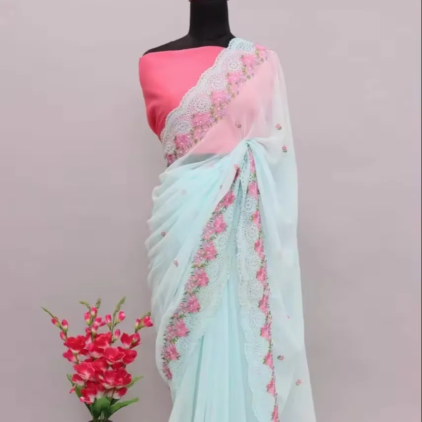 Nakış işi ve cutwork sınır, düğün kıyafeti Saree, Bollywood tasarımcı parti kıyafeti sari ile muhteşem Goergette ipek saree.