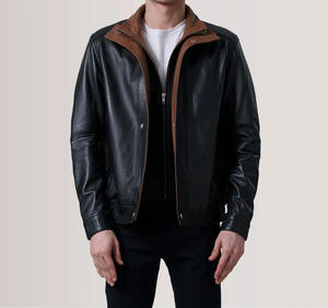 Veste en cuir pour homme, design à double boutonnage, logo sur le devant, imperméable, coupe-vent, respirante, lavée, hiver, solide, élégante - Product Image 1