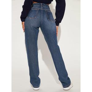 Jean en denim taille haute pour femme Paola Riboni, longueur intégrale, boutons sur le devant, style vintage, coupe classique, couleur unie, tissu délavé - Product Image 2
