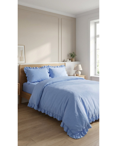 Ruffled Blue Poly-Cotton European-American Style 57TC <b>Bedding</b> Set <b>Queen</b> <b>Size</b> Frill Trim Duvet Cover 4pcs Soft Breathable Machine - Product Image 1