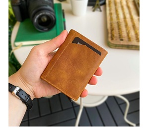Genuine Leather Mechanism <b>Card</b> <b>Holder</b> Green and Tan Colored Premium Quality Special Design - Made in Turkey - Product Image 1