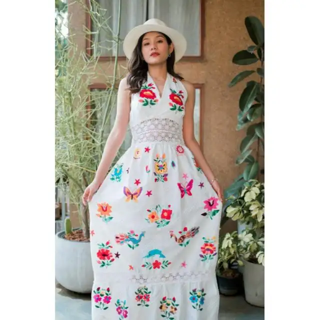 Schöne attraktive Kollektion Strandbekleidung Überwurf kurzes Kleid O-Ausschnitt traditionell bestickt modisch Frühjahr Boho-Damenkleid
