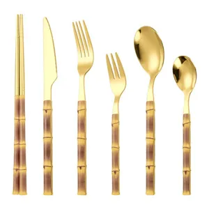 现代餐厅银器葡萄牙餐具奢华不锈钢勺子叉刀哑光金餐具婚礼套装