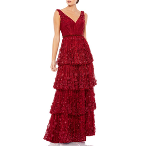 Abito da ballo a colonna a strati color bordeaux Mac Duggal con applicazioni floreali e stampa a fantasia con vita impero per adolescenti - Taglia 12 - Product Image 4