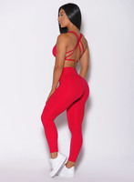 Legging Atletik Desain Terbaru Warna Merah Solid Custom Berkualitas Tinggi, Bahan Stretch Empat Arah, Bernapas, Kantong Kanan, Elastis