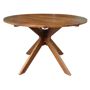 Ensemble de salle à manger rond en teck moderne et durable pour l'extérieur avec table à pieds croisés et chaises à accoudoirs à lattes pour patio, jardin, balcon et hôtel - Product Image 5