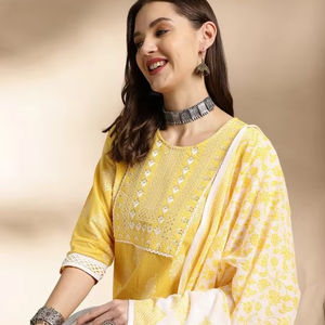 Kurta recto de algodón puro con estampado floral amarillo para mujer con pantalones y traje Dupatta indio pakistaní salwaar kameez - Product Image 1