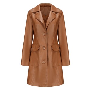 Chaqueta de cuero larga negra para mujer, chaqueta cortavientos de PU de manga larga para primavera y otoño, gabardina de cuero para mujer - Product Image 1