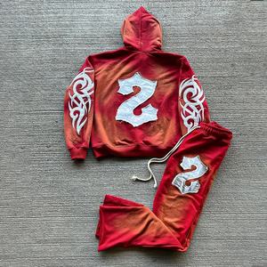 Personalizado bordado apliques desgastado Zip up ácido lavado chándal Unisex acampanado pantalones de chándal y sudaderas con capucha conjuntos chándales para hombres - Product Image 5