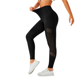 Wholesale Women's High Waist Yoga <b>Leggings</b> <b>Butt</b> <b>Lift</b> Black Mesh Sheer Sports Pants Custom Logo XL Size Seamless Pockets Stripes - Product Image 1