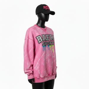 Sweat-shirts pour femmes en coton et polyester molletonné, col rond, effet délavé soleil, 320 GSM, lavage vintage rose, logo chenille, lavage à l'acide, respirant - Product Image 5