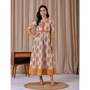 Vestido de Algodón Gris Amarillo con Cierre de Botones, Estampado Butta Block, Diseño Personalizado para Fiestas Casuales, Talla XS, Transpirable, Largo hasta el Suelo - Product Image 3