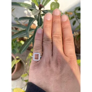 925 <b>Silver</b> Fine Jewelry <b>Emerald</b> Cut Morganite Boho Style <b>Ring</b> Geometric Pattern Bezel Setting - Product Image 6