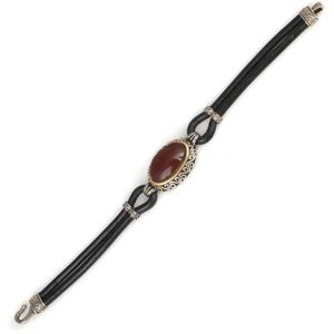 925 Sterling Silver Fine Charm Leather <b>Bracelet</b> with Elegant Oval Agate Stone - Product Image 2