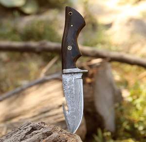 Cuchillo de Caza de Hoja Fija de Acero de Damasco para Supervivencia al Aire Libre, Hecho a Mano, Venta al por Mayor, con Mango de Madera, Personalizado OEM con Funda - Product Image 2