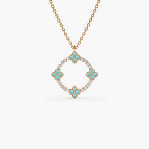 อินเทรนด์14K สร้อยคอจี้โคลเวอร์สีทองล้วน0.21ctw ตัดเทอร์ควอยซ์ตัด0.12ctw เพชรน่ารักสำหรับปาร์ตี้งานหมั้นของขวัญ - Product Image 1