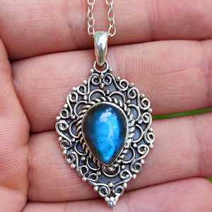 Labradorite <b>Silver</b> Pendant <b>Necklace</b> Natural Pear Shape Birthstone <b>Necklace</b> with Platinum Sterling <b>Silver</b> Main Material - Product Image 3