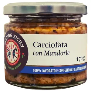 Jarra artesanal italiana de alta qualidade, bruschetta artichoke e almonds feitos à mão sem preservativos pote espalhável 170g