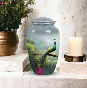 Urna conmemorativa de cenizas personalizable de pluma de pavo real para cenizas humanas con paisaje sereno urna personalizada recuerdo de cremación grande - Product Image 6