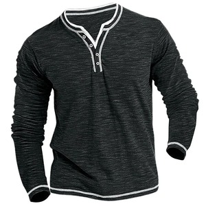 Camisetas pequeñas de algodón con cuello en V, camiseta informal para hombre, camiseta Henley elástica suave y cómoda de manga larga para Otoño e Invierno - Product Image 1