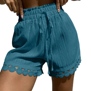 Shorts Bermuda Femme Taille Haute à Cordon de Serrage, Bordure Dentelle, Couleur Unie, Tissu Coton Froissé, Coupe Droite, Décontracté, Été, Plage - Product Image 1