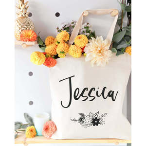 Personalized Open-Closure Floral Name Cotton Canvas Tote Bag with Solid Color Pattern - Product Image 3